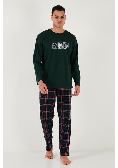 Buratti Ekoseli Pamuklu Regular Fit Yüksek Bel Bisiklet Yaka Erkek Pijama Takımı 6574000 Yeşil