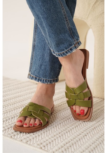 Kocadal Kocadal Marlen Haki Yeşili Hakiki Deri Terlik Muhtelif