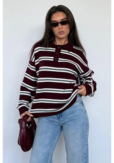 Bordo Polo Yaka Çizgili Kadın Triko Kazak Mg2469 Bordo