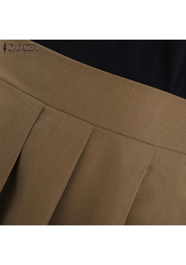 Zanzea Yaz Kadın Yüksek Bel Pileli Düz Renk Bol A Kesim Etek Kahverengi