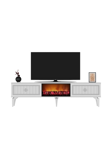 Flame Şömineli Tv Sehpası-ünitesi Beyaz-Gümüş