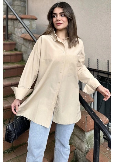 Kadın Bej Terikoton Kumaş, Yırtmaçlı, Rahat Uzun Gömlek Bej