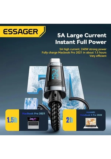 Willowhaven Essager 240w Dokuma Usb C Kablo 2 Adet Macbook Uyumlu Pro 2020 İpad Uyumlu Pro Şarj Kablosu 200cm Gri