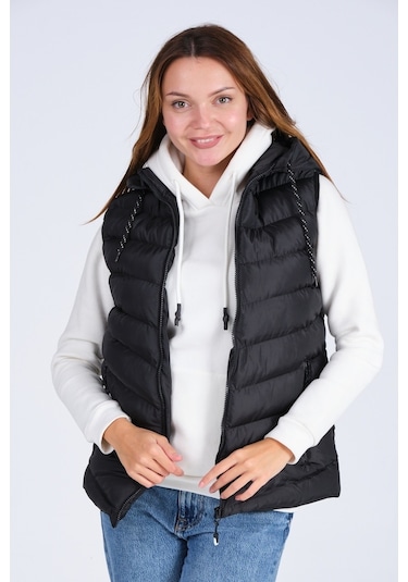 Everest Kadın Jel Dolgu Kapüşonlu Unısex Şişme Yelek Siyah