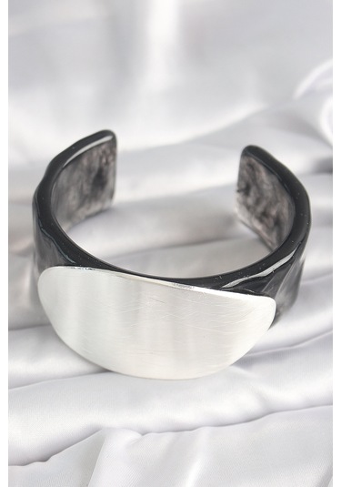 Siyah Mermer Desen Akrilik Plastik Gümüş Oval Plaka Model Vintage Kadın Bilezik - Tj-bb6673 Diğer