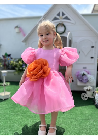 Rose- Pembe Şifon Kısa Kollu Kız Çocuk Elbisesi Pembe