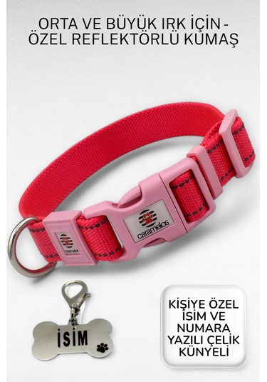 Caramelos Reflektörlü Köpek Tasması, Kişiye Özel Köpek Tasması. Büyük Ive Orta Irk Köpek Tasması Pmb Pembe