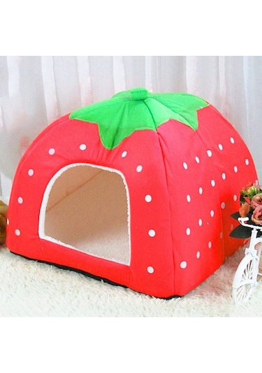 Sones Çilek Şekilli Katlanabilir Kısa Peluş Evcil Hayvan Evi Yuvası