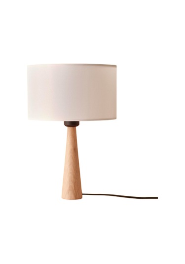 Naturel Masif Ahşap Ayaklı Abajur Silindir Krem Kumaş Başlıklı Masa Lambası Komodin Abajur Krem