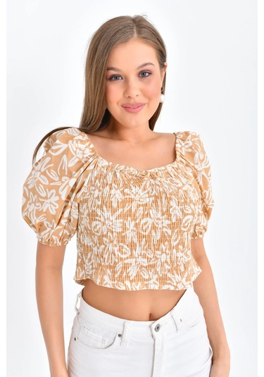 Kadın Çiçek Desenli Gipe Detay Balon Kol Crop Bluz CAMEL