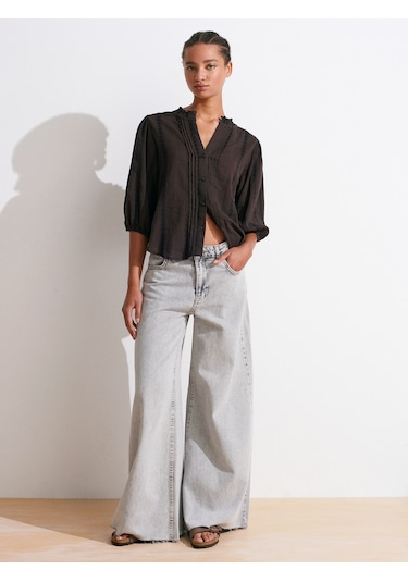 Dilvin 5807 Nervür Detaylı Balon Kol Gömlek-koyu Kahve Koyu Kahve