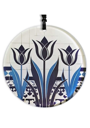 23 Cm Çap - İznik Çini Deseni Çiçek Motifli Füzyon Cam Duvar Süsü