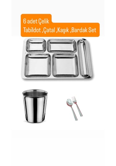24 Parça Piknik Kahvaltılık Çelik Tabildot Set 6 Adet Tabldot,6 Adet Bardak,6 Adet Çatal, Kaşık gümüş