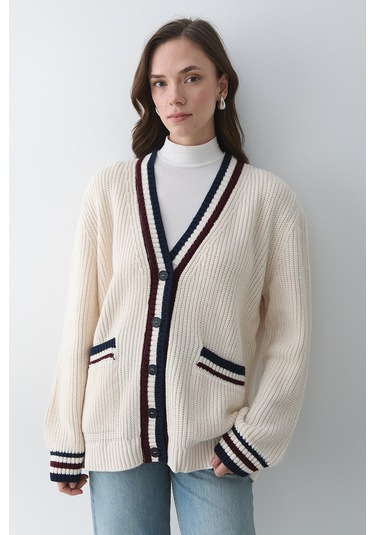 Krem - Bordo Renkli Cepli Hırka - 241143 Krem