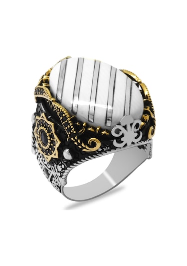 Fildişi Üzerine Gümüş Çapraz Şerit İşlemeli Oval Tasarım Koleksiyonluk 925 Ayar Gümüş Erkek Yüzük Gümüş