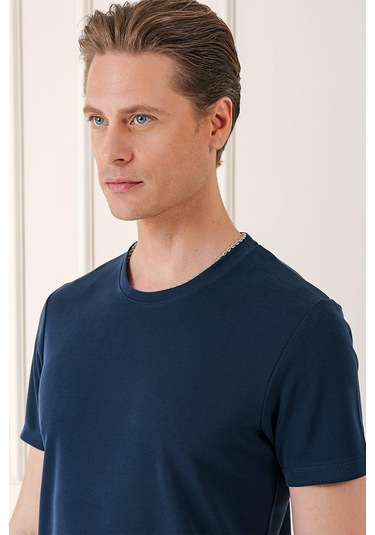 Slim Fit Bisiklet Yaka Pamuklu Lacivert Tişört Ts 880 Lacivert