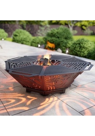 Oktagon Ateş Çukuru Izgaralı Sekizgen Barbekü Bahçenize Dekoratif Siyah