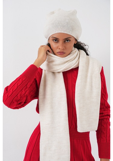 Kadın Triko Atkı Bere 15939 - Ekru Ekru