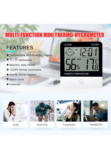 Dianziye Ev Ve Ofis İçin Ultra İnce Lcd Ekranlı Sıcaklık-nem Ölçer, Zaman Gösterimi Ve Çalar Saati, Pil Dahil Değil, Beyaz-siyah, Cx-260
