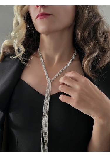 Gümüş Kaplama Üç Sıralı Su Yolu Şal Model Kolye Beyaz