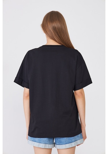 Hdm Kadın Siyah Basic Oversize %100 Pamuklu Rahat Kesim Günlük Tişört - H6041