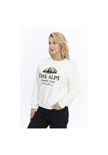 Gidia Kadife The Alps Desenli Ekru Yumuşak Dokulu Regular Fit Bisiklet Yaka Kadın Sweatshirt Ekru