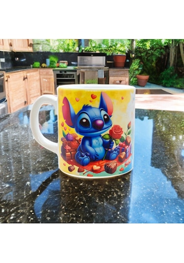 Lilo & Stitch Temalı Kalpli Stitch Baskılı Seramik Kupa Bardak Beyaz