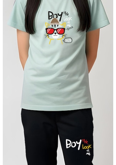 Fyk Kids Kız Çocuk Yuvarlak Yaka Baskılı Boy Cat Alt-üst Pijama Takımı Mint Yeşil Mint Yeşili