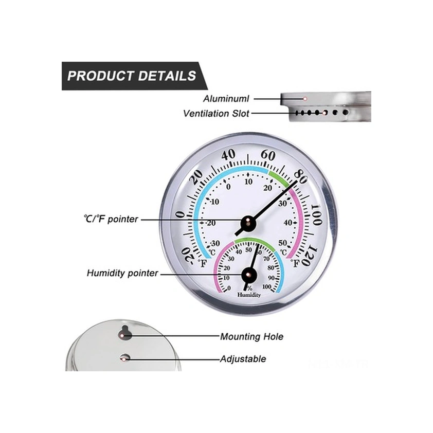 Fortunelane Alüminyum Duvar Tipi Nem Sıcaklık Ölçer - Ev Ofis İçin Pil Gerektirmeyen Serinlik Cihazı Gümüş