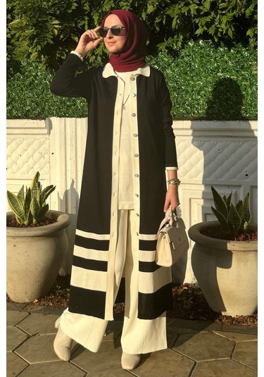 İmge Çizgili Triko Hırka Siyah Çok Renkli