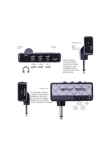 Geeksen Elektrik Gitar Kulaklık Amfisi Amfi 1/4 İnç Fiş 3.5mm Kulaklık Jakı Ve Aux Girişi Distoon Etkisi Dah Gri