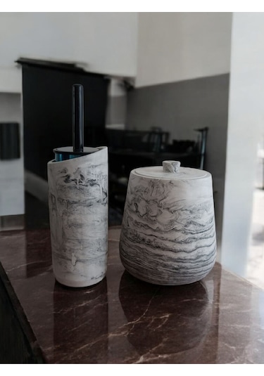 4 Parça Antrasit Beton Banyo Wc Seti Tuvalet Fırçası Çöp Kovası 4 Litre Antrasit