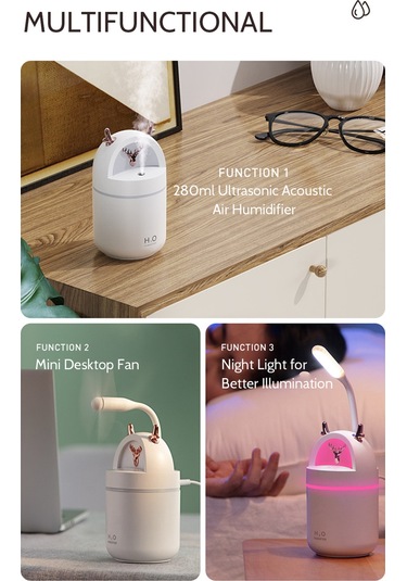 Konesam Beyaz Antler Şekilli Nemlendirici, 280ml, 2 W, Usb Besleme, Otomatik Kapatma, İki Sprey Modu