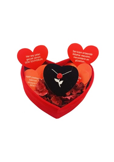 Pigado 925 Ayar Gümüş Kalpli Özel Kadife Kutusunda Gül Kolye Gümüş