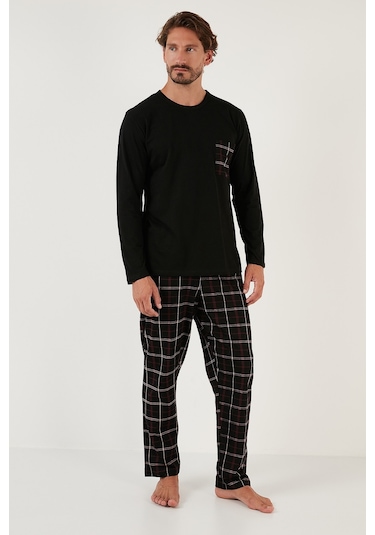 Buratti  Ekoseli Cepli Beli Lastikli % 100 Pamuk Regular Fit Erkek Pijama Takımı 6572001 Siyah