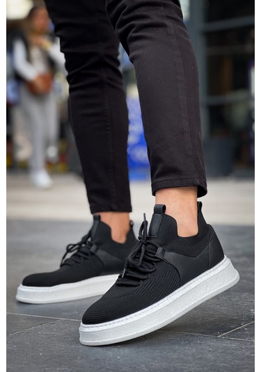 Pabucmarketi Bağcık Detaylı Triko Kumaş Erkek Spor Ayakkabı Siyah Siyah