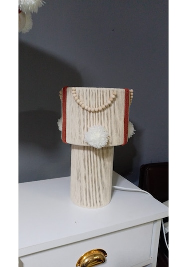 Makrome İp Avize Abajur Ponpon Avize Bebek Çocuk Avize Abajur Set Komple Makrome İp Ekru