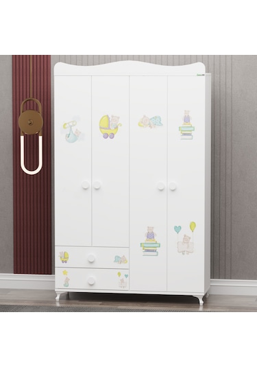 Melina Bebek Odası Yıldız 4 Kapaklı Dolap - Ayıcık Beyaz