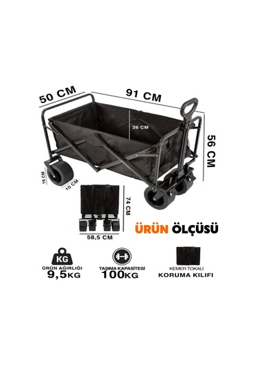 Katlanır El Arabası Wagon Araba Kamp Arabası 100 Kg Taşıma Kapasiteli Outdoor Plaj Kamp Arabası Siyah