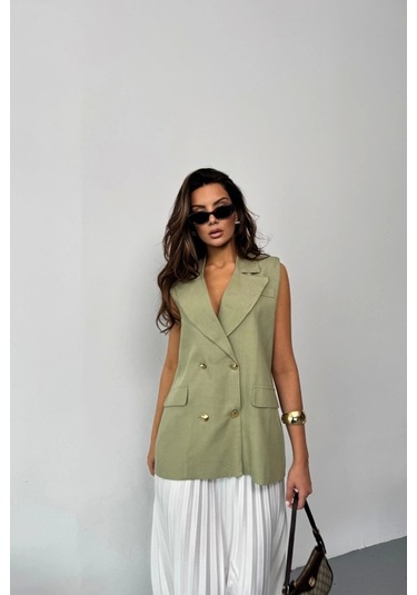 Gold Düğmeli Keten Yelek - Yeşil Yeşil