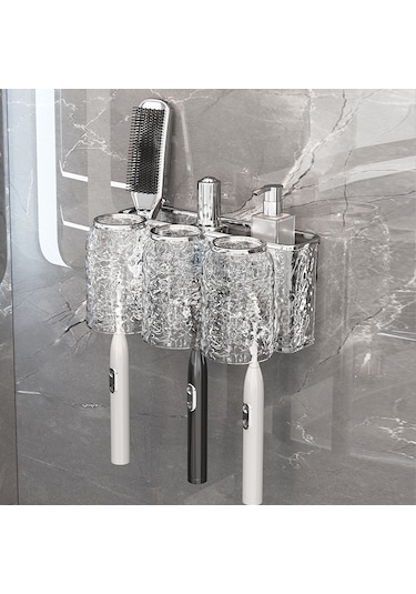 Ranyeek Banyo Diş Fırçası Ve Bardak Saklama Rafı, Sürekli Plastik, Çekmeceli Montaj, Çok Amaçlı Organizer, 30'lu Paket Su Dalgaları Desenli, Şeffaf İki Bardak Diğer