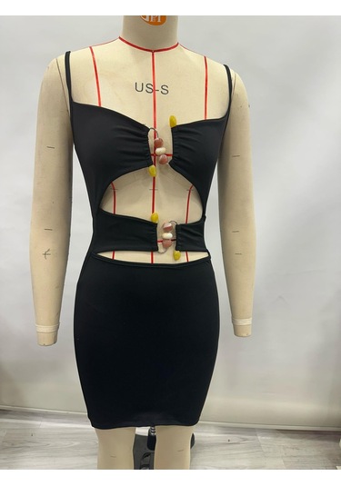 Siyah Dalgıç Kumaş Askılı Toka Detaylı Mini Elbise Siyah