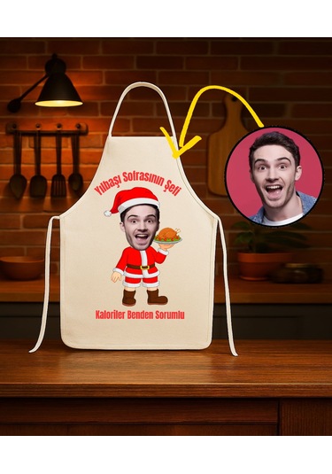 Kişiye Özel Karikatür Fotoğraflı Mutfak Önlüğü Yılbaşı Sofranın Şefi Çok Renkli