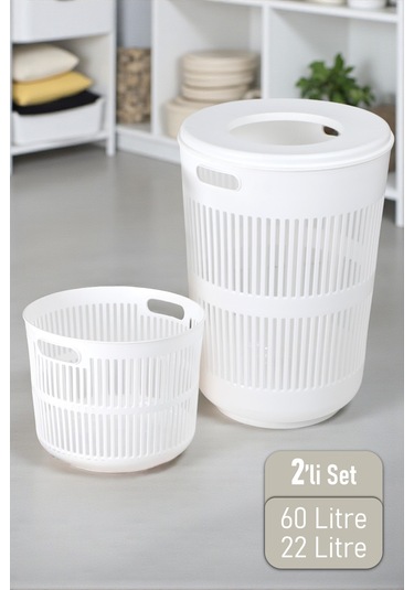 İronika Solara İkili Dekoratif Kirli Çamaşır Sepeti Seti Oyuncak Sepeti 60 - 22 Litre Beyaz Beyaz