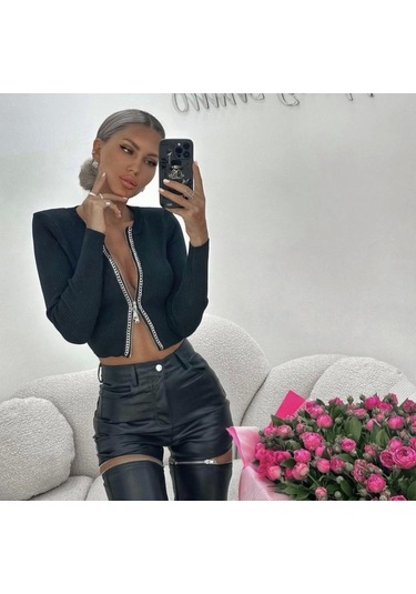 Kadın Kaşkorse Kumaş Zincirli Çift Fermuarlı Fırsat Ürün Bluz Siyah