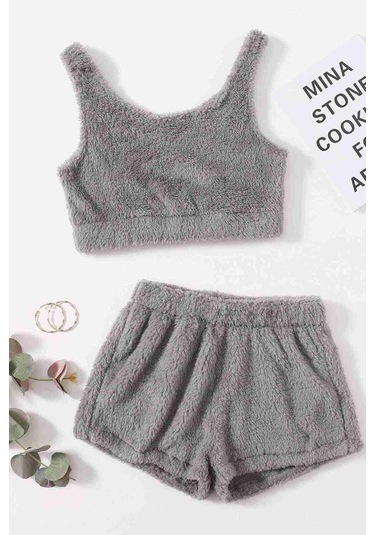 Alpinmoda Askılı Peluş Polar Alt Üst Şortlu Ms40788 Gri