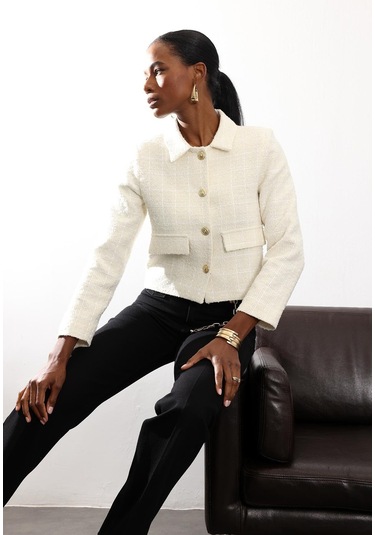 Ekru Gold Düğmeli Tüvit Ceket 02014 Ekru