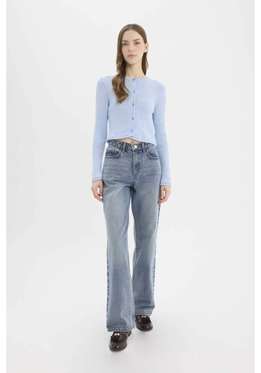 DeFacto Slim Fit Dar Kesim Bisiklet Yaka Düğmeli Triko Hırka E4613AX25SPBE696 Mavi