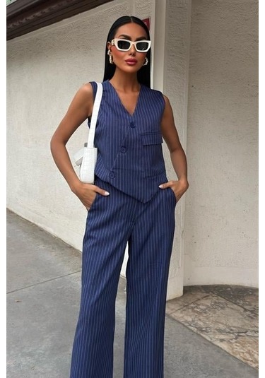 Yeleği Çapraz Detay Düğmeli Cepli Yelekli Takım 10150 Laci Vert