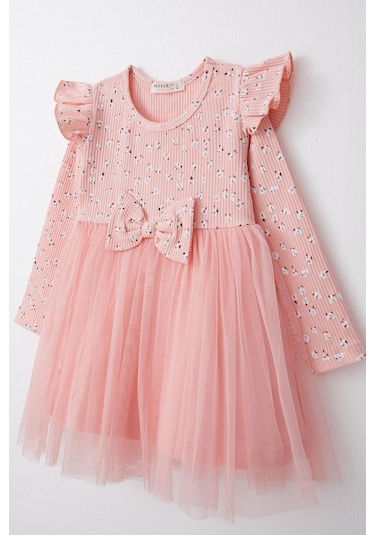 Breeze Kız Çocuk Uzun Kollu Elbise Çiçekli Fiyonklu Tüllü 1.5-5 Yaş, Somon-somon Somon Breeze Kız Çocuk Uzun Kollu Elbise Çiçekli Fiyonklu Tüllü 1.5-5 Yaş, Somon-somon Somon